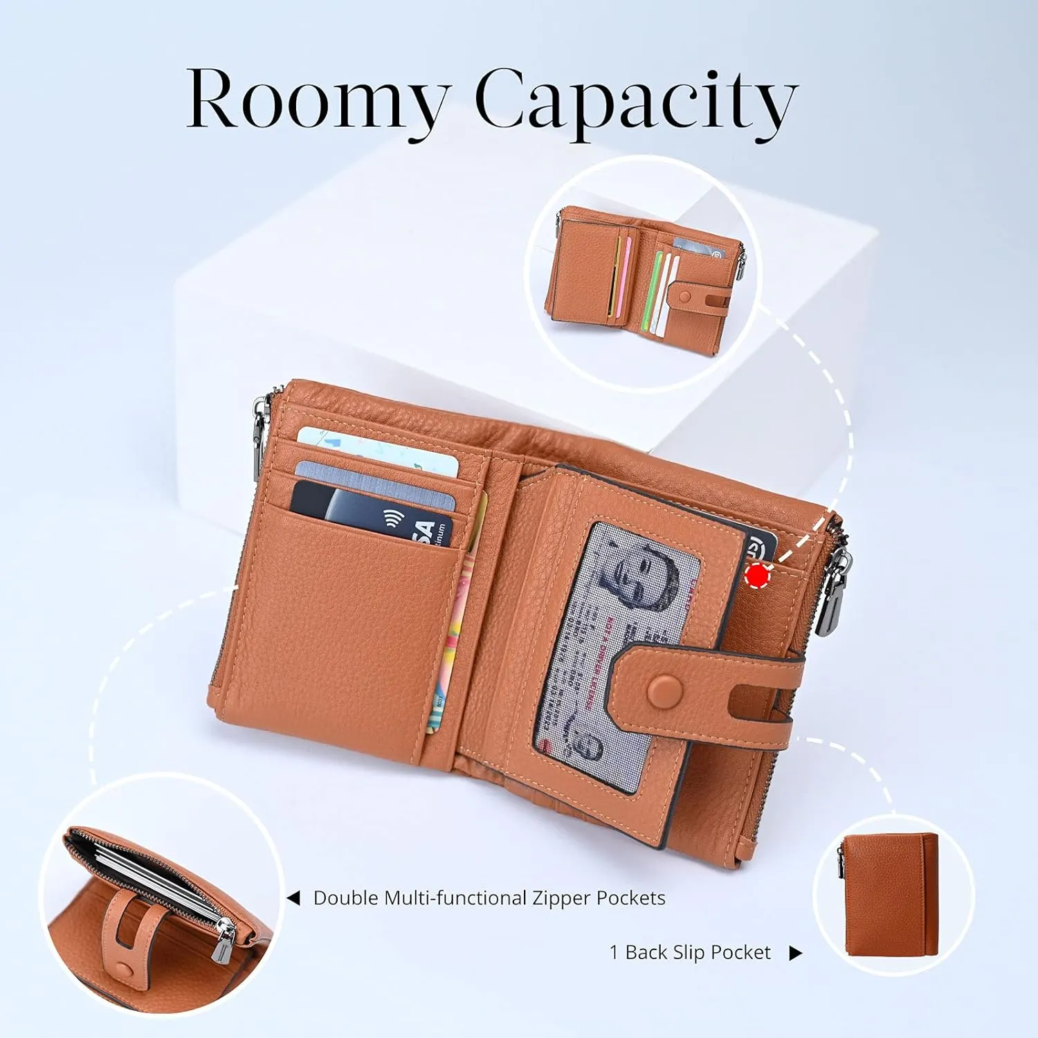 Bveyzi Small Soft Leather Wallet for Women RFID Blocking Ladies Card Holder with Double Zipper Pocket