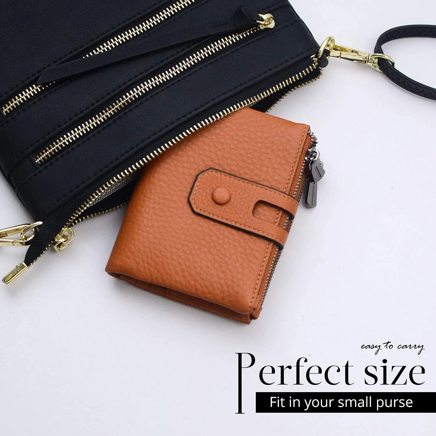 Bveyzi Small Soft Leather Wallet for Women RFID Blocking Ladies Card Holder with Double Zipper Pocket