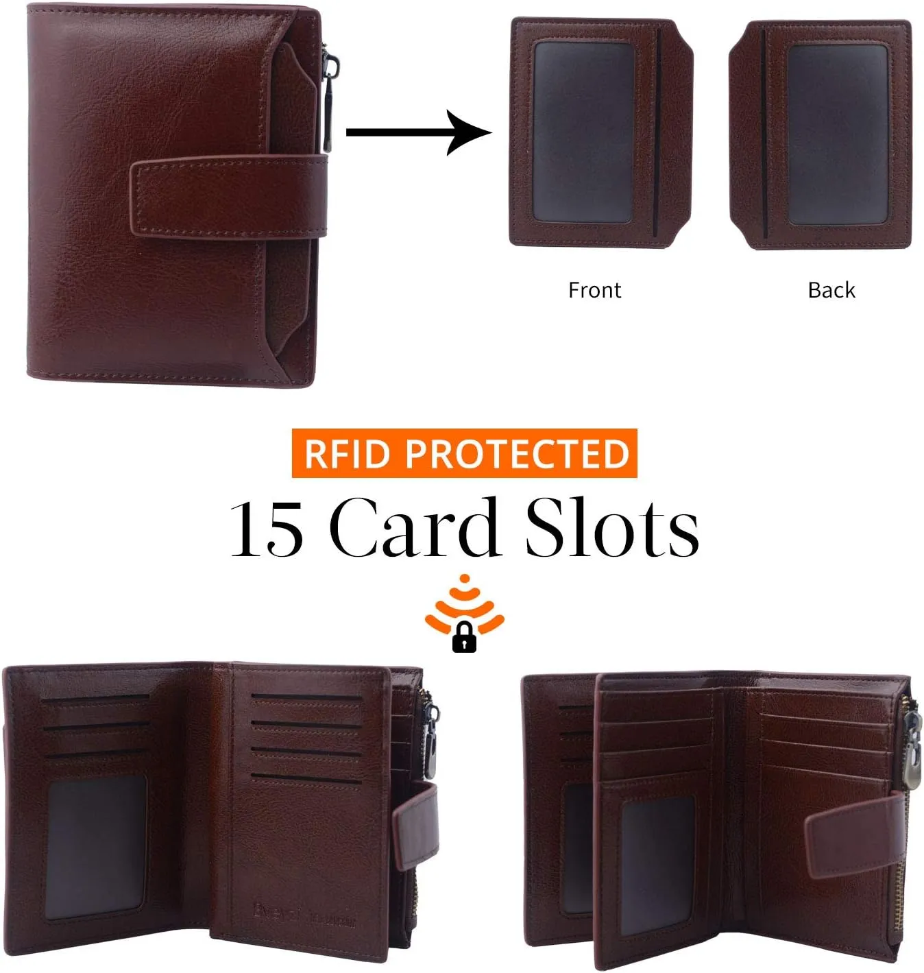 Bveyzi Women's Small Leather RFID Blocking Bifold Zipper Pocket Wallet Ladies Credit Card Slots Purse with id Window