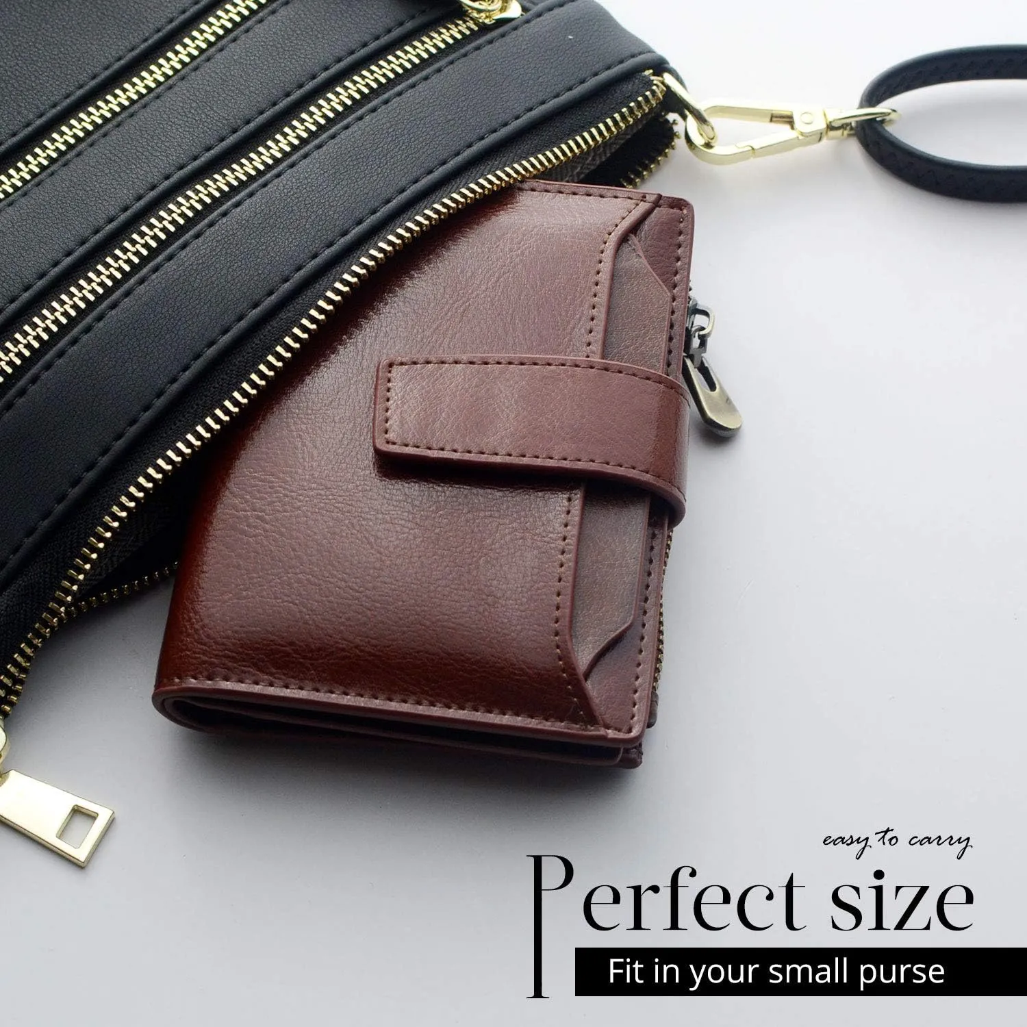 Bveyzi Women's Small Leather RFID Blocking Bifold Zipper Pocket Wallet Ladies Credit Card Slots Purse with id Window