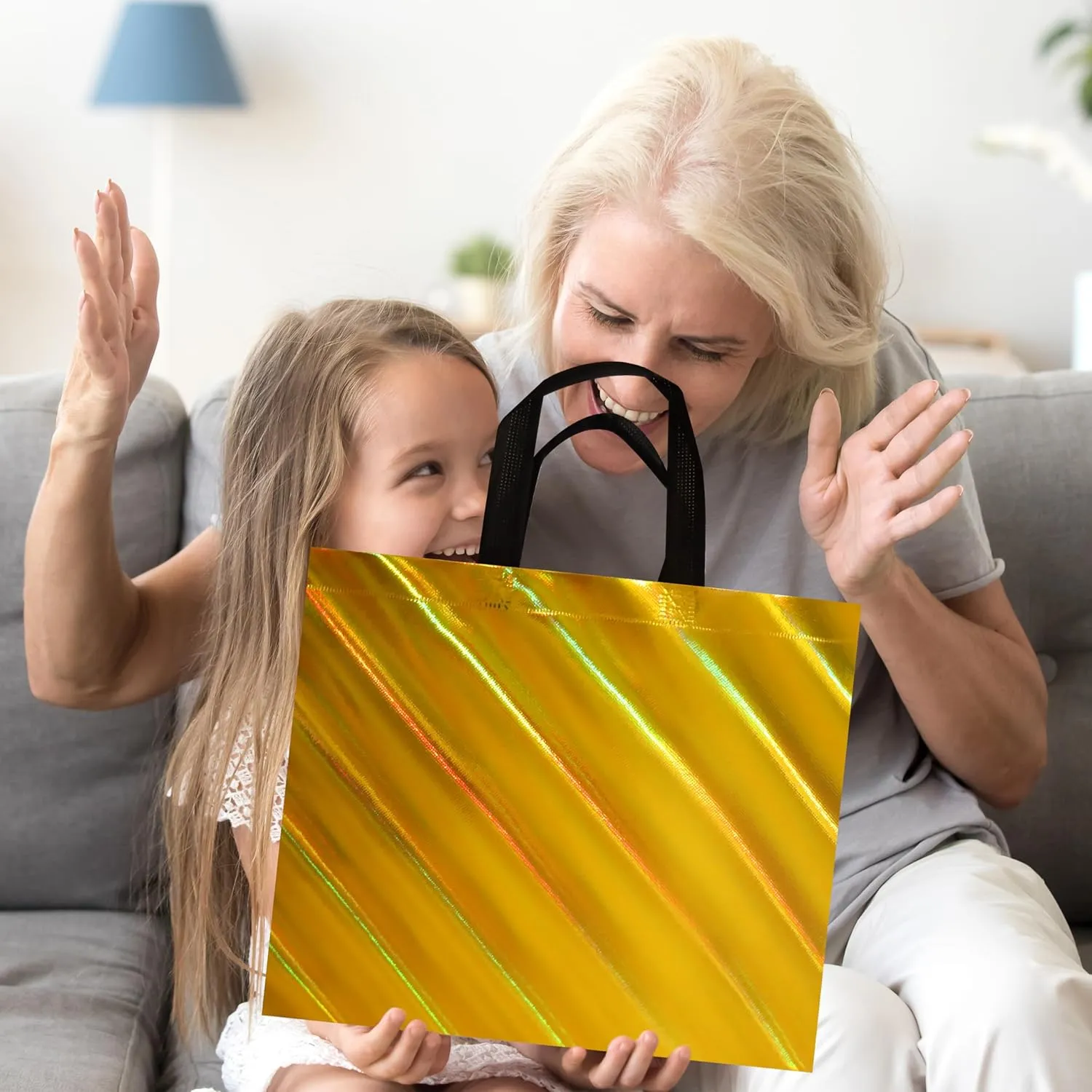 cabzymx 16 Pcs Unique Dazzling Yellow Gold Reusable Gift Bags with Handles & Bases, Non-woven Holiday Treat Bags Bulk for Birthday, Wedding, Easter, Party- 12.6x4.7x11 In