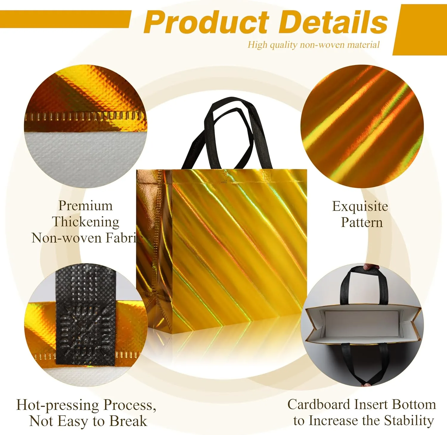cabzymx 16 Pcs Unique Dazzling Yellow Gold Reusable Gift Bags with Handles & Bases, Non-woven Holiday Treat Bags Bulk for Birthday, Wedding, Easter, Party- 12.6x4.7x11 In
