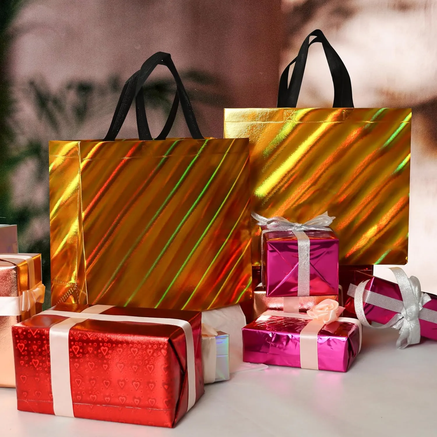 cabzymx 16 Pcs Unique Dazzling Yellow Gold Reusable Gift Bags with Handles & Bases, Non-woven Holiday Treat Bags Bulk for Birthday, Wedding, Easter, Party- 12.6x4.7x11 In