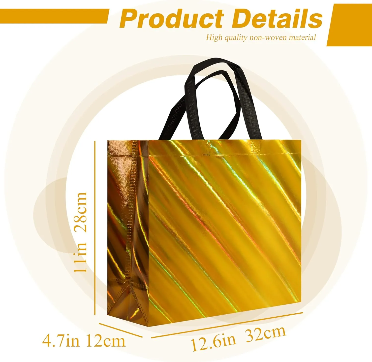 cabzymx 16 Pcs Unique Dazzling Yellow Gold Reusable Gift Bags with Handles & Bases, Non-woven Holiday Treat Bags Bulk for Birthday, Wedding, Easter, Party- 12.6x4.7x11 In