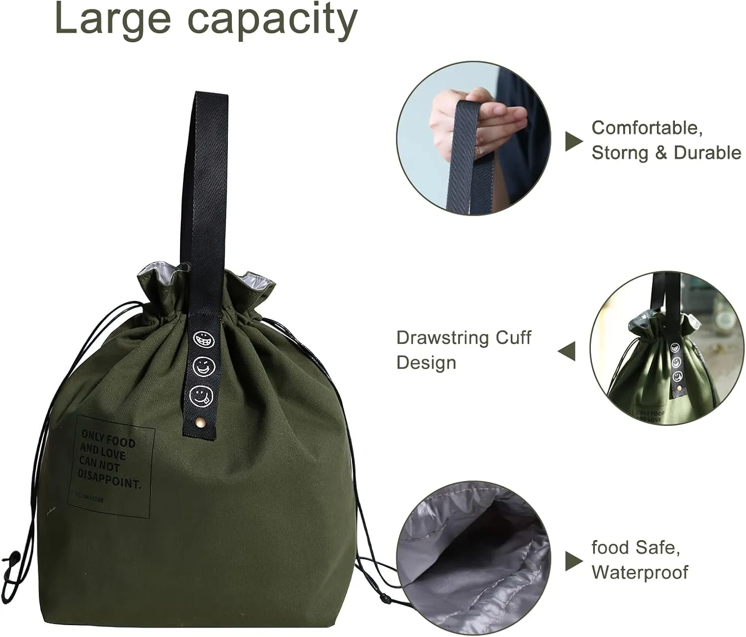 Canvas Drawstring Lunch Bag Reusable Lunch Bag Large Foldable Portable Insulated Handbag for Adult Women And Men Work Picnic or Travel (green)