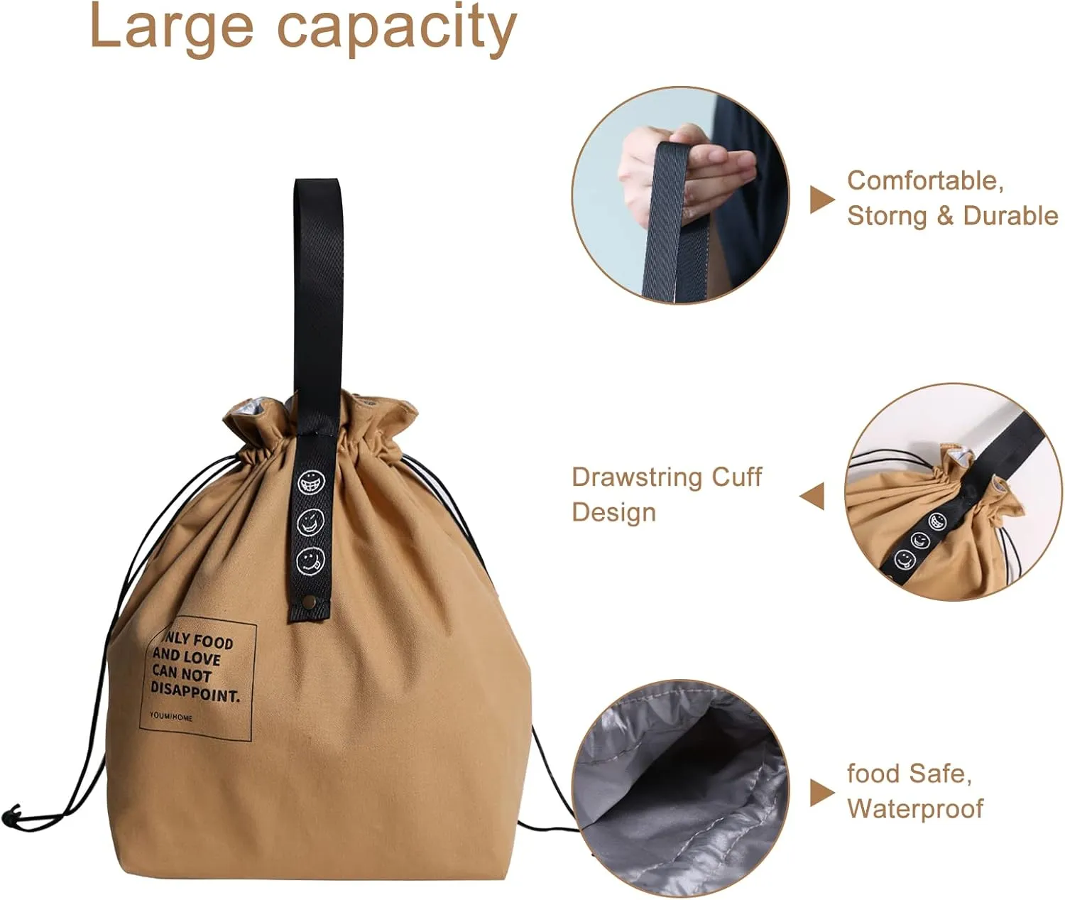 Canvas Drawstring Lunch Bag Reusable Lunch Bag Large Foldable Portable Insulated Handbag for Adult Women And Men Work Picnic or Travel (Yellow)