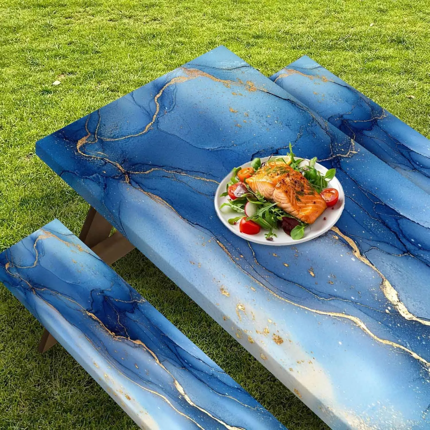 CAPSCEOLL Picnic Table Cover with Bench Covers Elastic Edges, Waterproof Windproof Camping Tablecloth with Drawstring Bag, Picnic Tablecloth Gold Blue Marble 72x30 Inch
