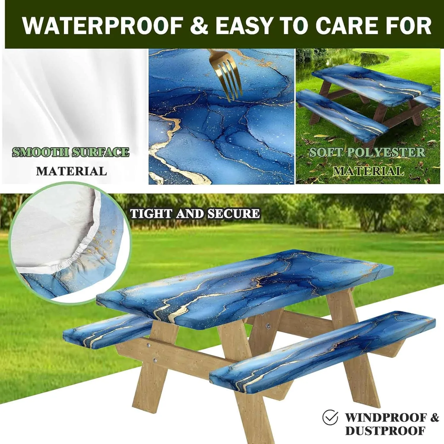 CAPSCEOLL Picnic Table Cover with Bench Covers Elastic Edges, Waterproof Windproof Camping Tablecloth with Drawstring Bag, Picnic Tablecloth Gold Blue Marble 72x30 Inch