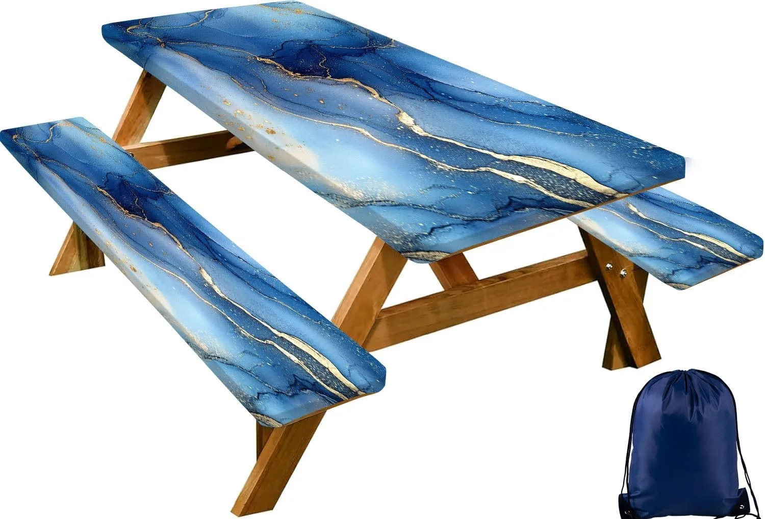CAPSCEOLL Picnic Table Cover with Bench Covers Elastic Edges, Waterproof Windproof Camping Tablecloth with Drawstring Bag, Picnic Tablecloth Gold Blue Marble 72x30 Inch