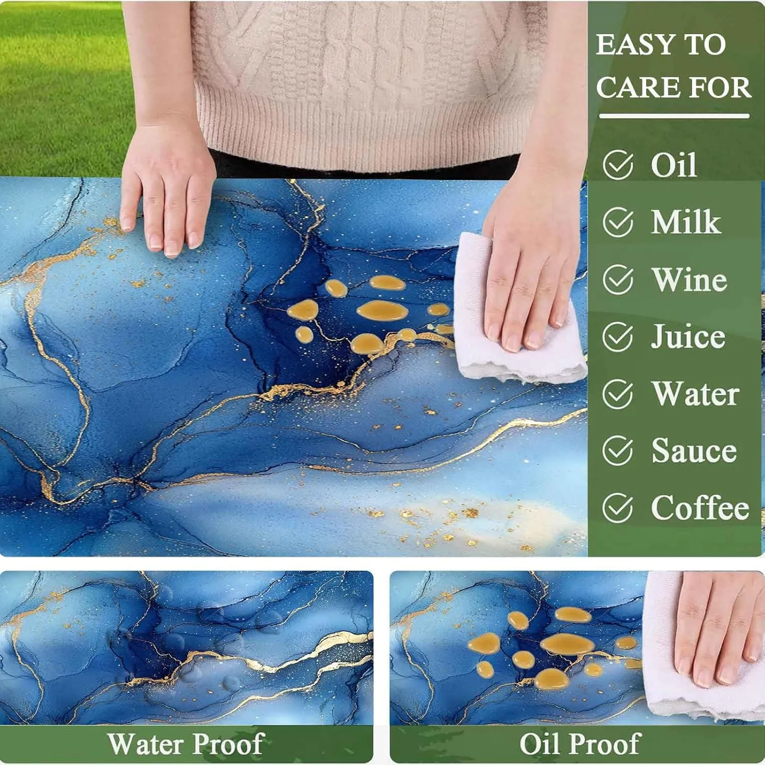 CAPSCEOLL Picnic Table Cover with Bench Covers Elastic Edges, Waterproof Windproof Camping Tablecloth with Drawstring Bag, Picnic Tablecloth Gold Blue Marble 72x30 Inch