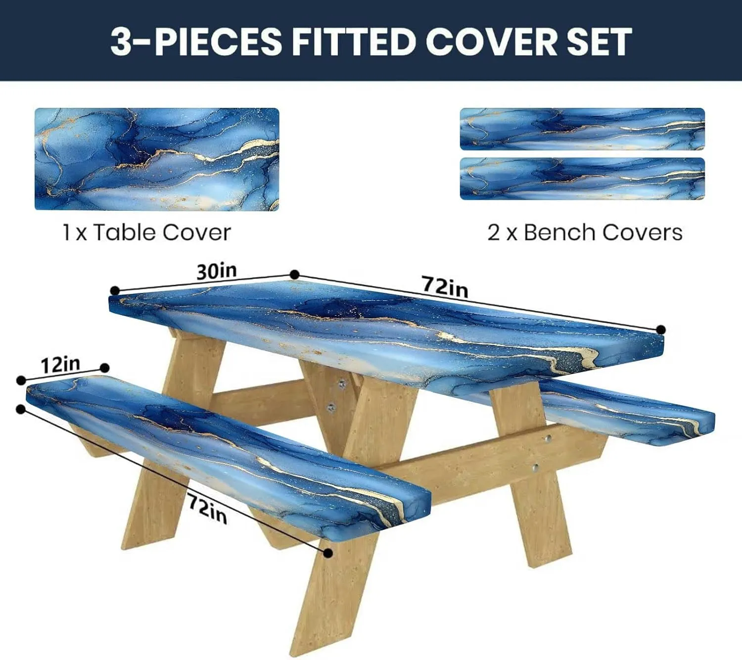 CAPSCEOLL Picnic Table Cover with Bench Covers Elastic Edges, Waterproof Windproof Camping Tablecloth with Drawstring Bag, Picnic Tablecloth Gold Blue Marble 72x30 Inch