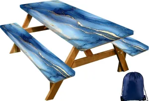 CAPSCEOLL Picnic Table Cover with Bench Covers Elastic Edges, Waterproof Windproof Camping Tablecloth with Drawstring Bag, Picnic Tablecloth Gold Blue Marble 72x30 Inch