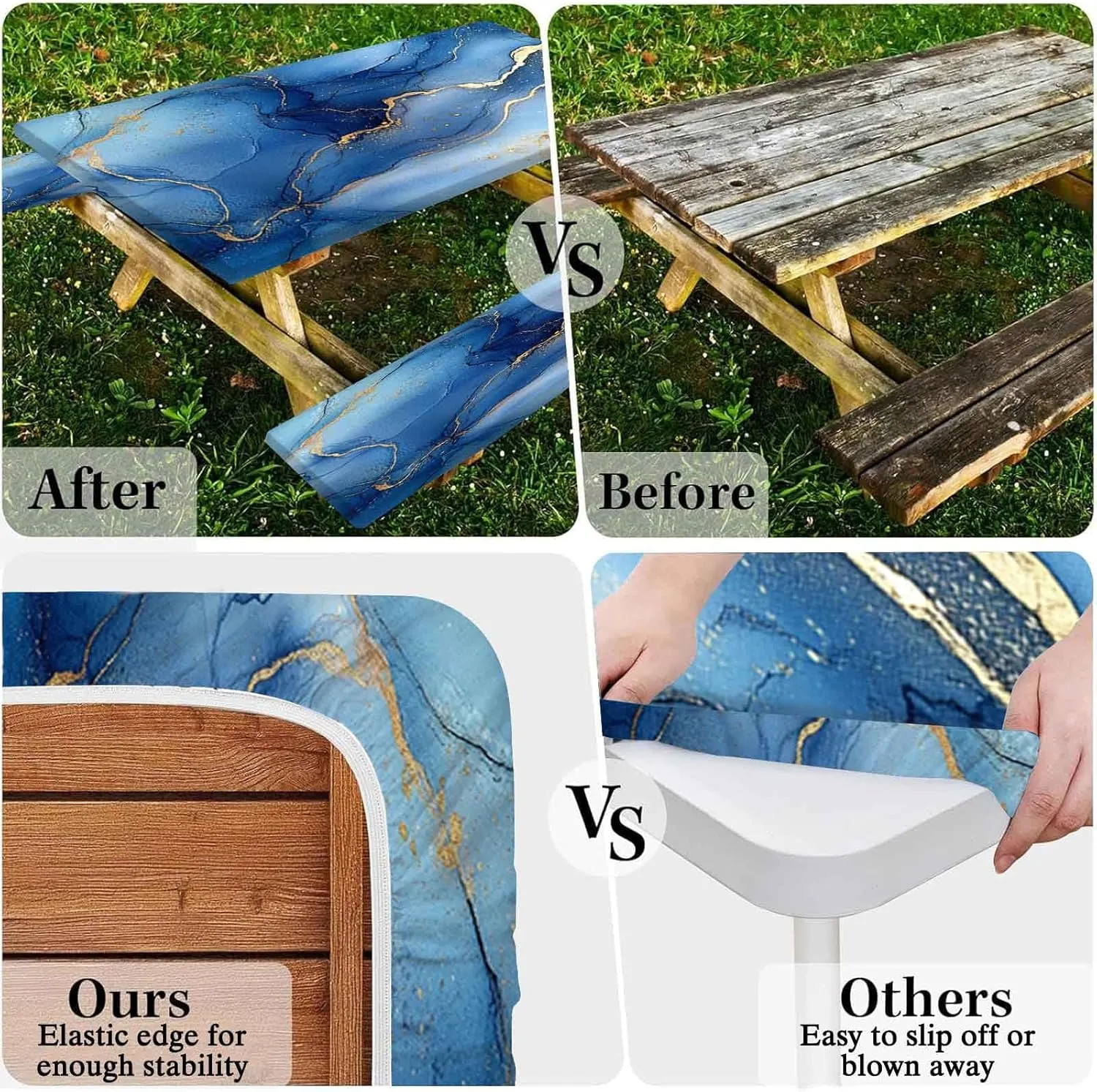 CAPSCEOLL Picnic Table Cover with Bench Covers Elastic Edges, Waterproof Windproof Camping Tablecloth with Drawstring Bag, Picnic Tablecloth Gold Blue Marble 72x30 Inch