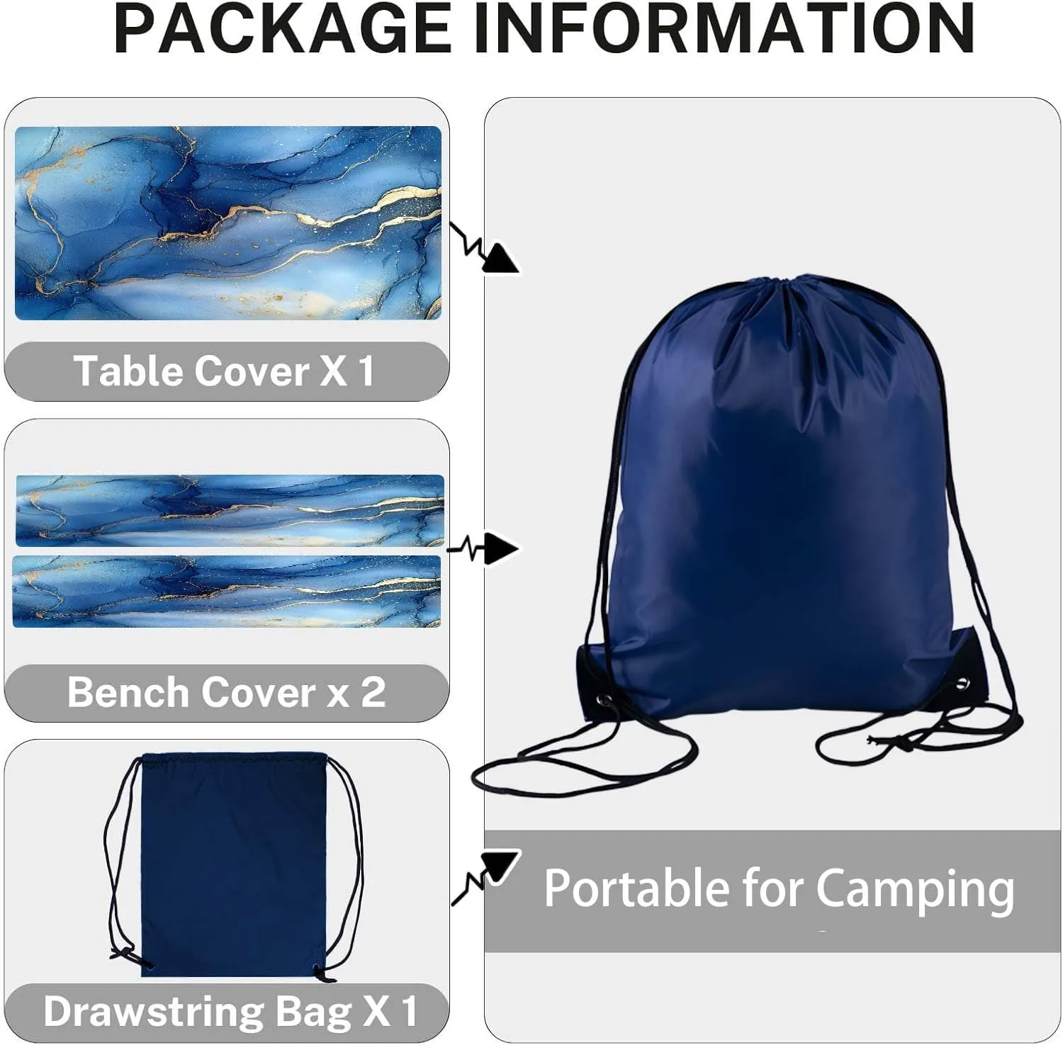 CAPSCEOLL Picnic Table Cover with Bench Covers Elastic Edges, Waterproof Windproof Camping Tablecloth with Drawstring Bag, Picnic Tablecloth Gold Blue Marble 72x30 Inch
