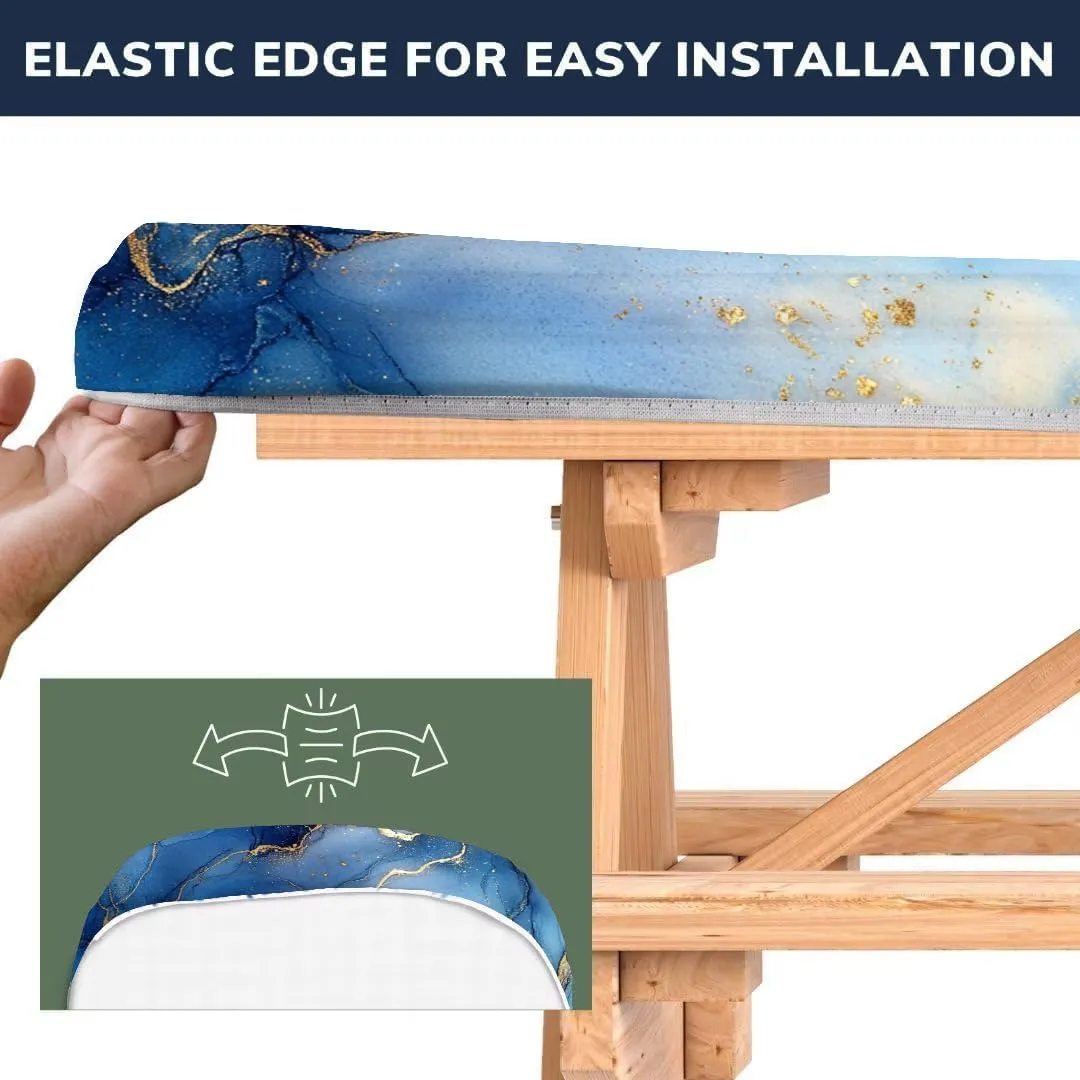 CAPSCEOLL Picnic Table Cover with Bench Covers Elastic Edges, Waterproof Windproof Camping Tablecloth with Drawstring Bag, Picnic Tablecloth Gold Blue Marble 72x30 Inch