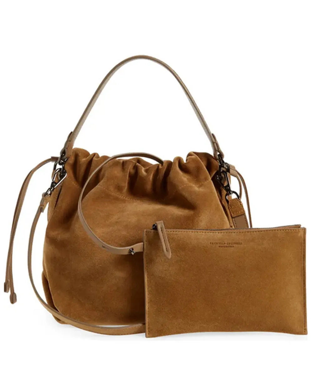 Caramel Suede Drawstring Bucket Bag