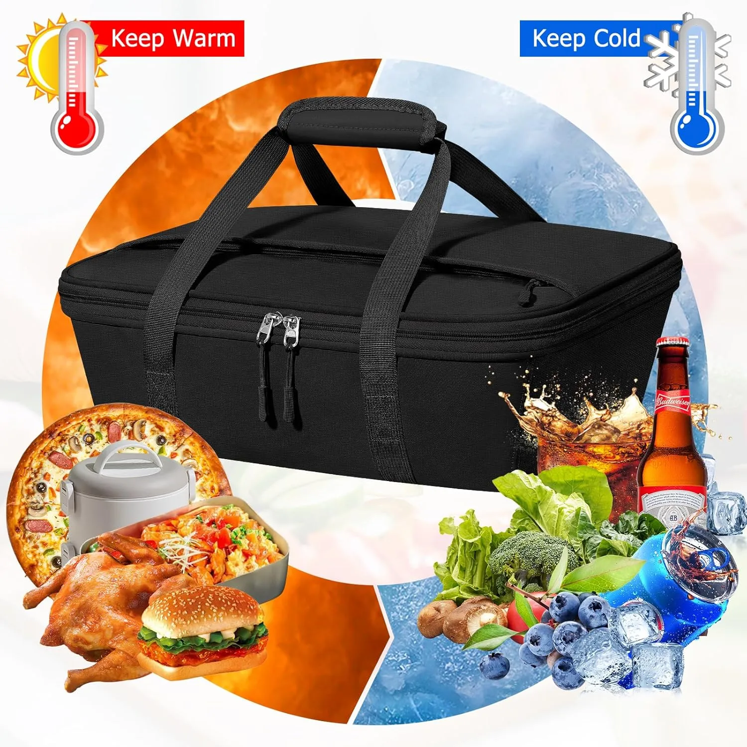 Casserole Carrier - Large Portable Insulated Food Carrier for Hot or Cold Food, Large Capacity Reusable Lunch Tote Warmer or Cooler Bag, Lasagna Lunch Bag for Work Picnic Hiking Beach Parties-Black