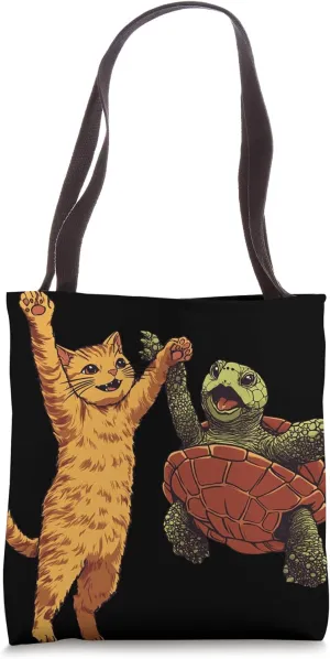 Cat and Turtle Enthusiastic High-Five Tote Bag