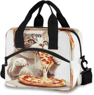 Cat Eating Pizza Watercolor Lunch Box for Men Women Adults Insulated Lunch Bag Cooler Bag with Adjustable Shoulder Strap for Work Picnic Travel