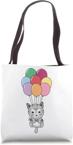 Cat Flies Upwards With Colorful Balloons Kawaii Cats Tote Bag