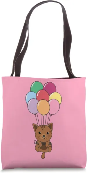 Cat Flies Upwards With Colorful Balloons Kawaii Cats Tote Bag