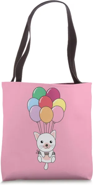 Cat Flies Upwards With Colorful Balloons Kawaii Cats Tote Bag
