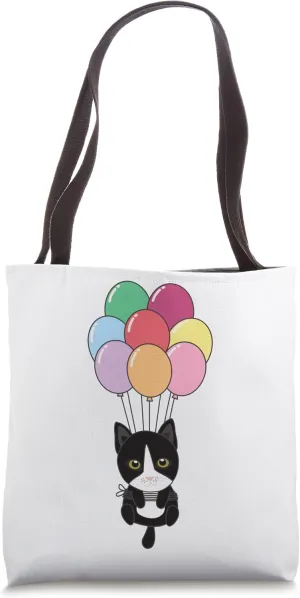 Cat Flies Upwards With Colorful Balloons Kawaii Cats Tote Bag