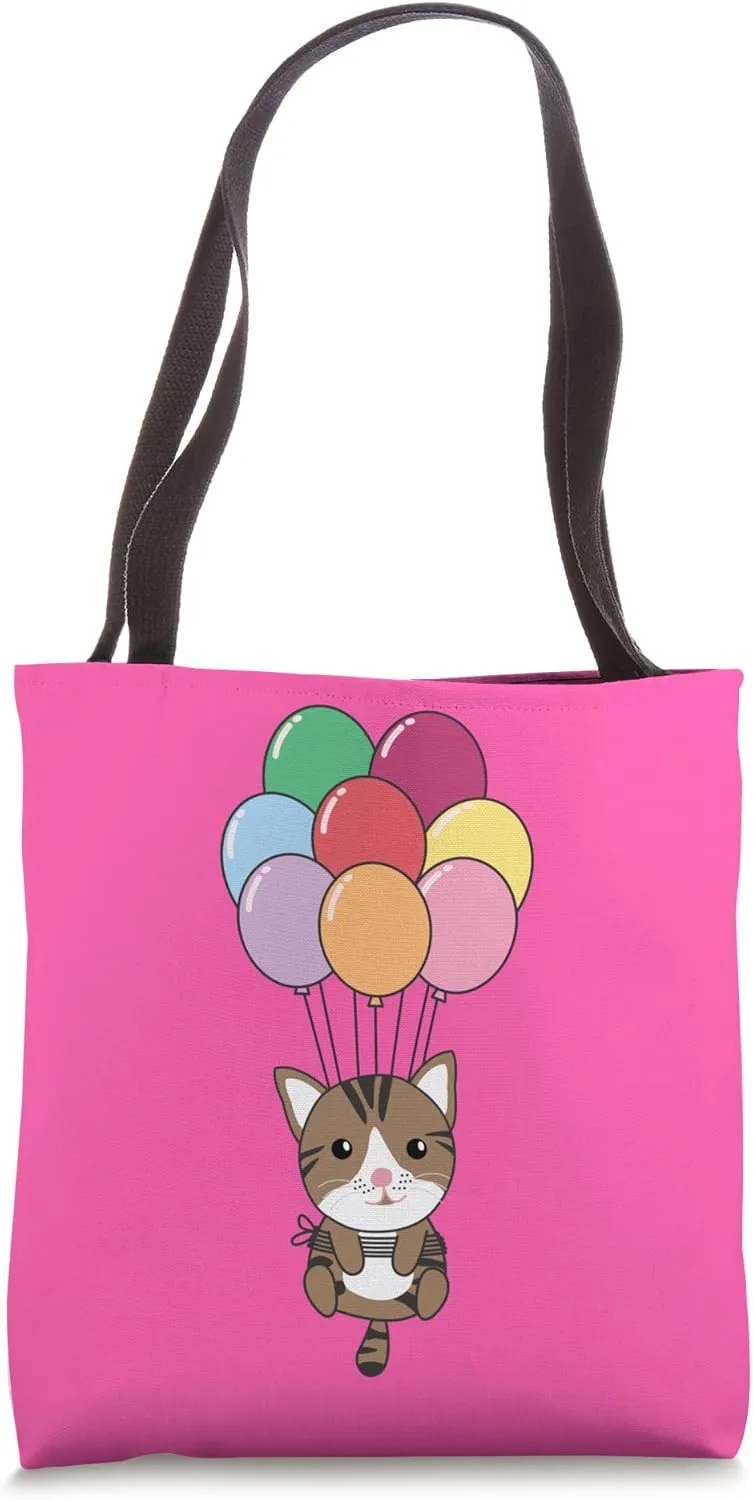 Cat Flies Upwards With Colorful Balloons Kawaii Cats Tote Bag