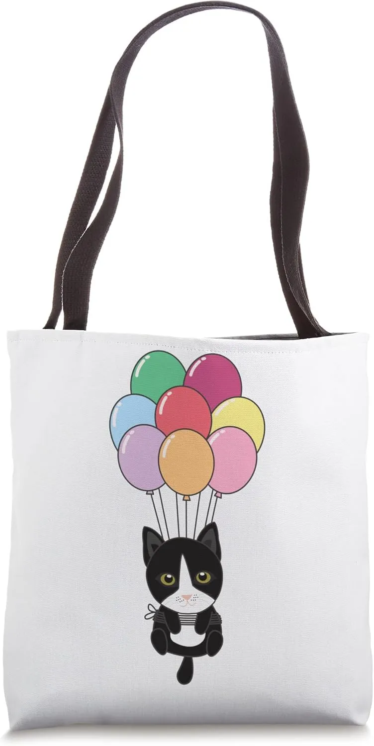 Cat Flies Upwards With Colorful Balloons Kawaii Cats Tote Bag