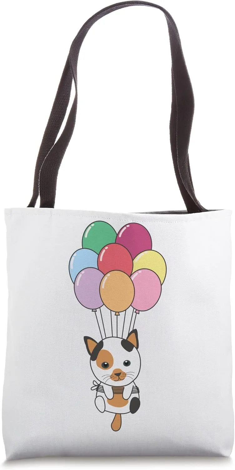 Cat Flies Upwards With Colorful Balloons Kawaii Cats Tote Bag