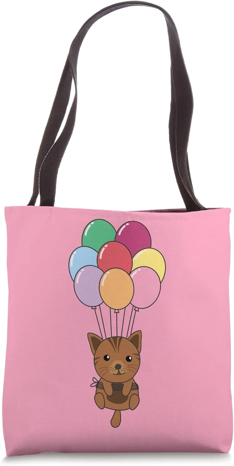 Cat Flies Upwards With Colorful Balloons Kawaii Cats Tote Bag