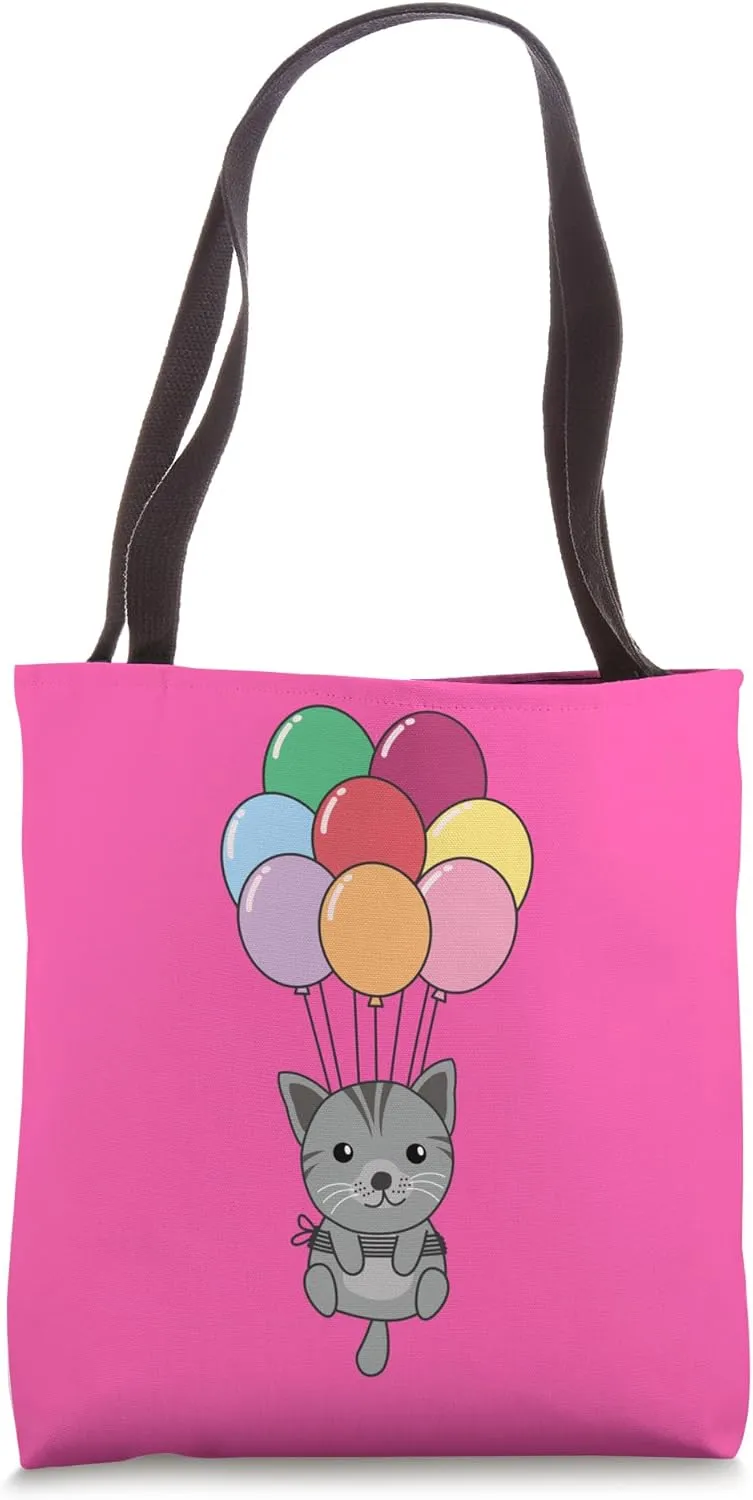 Cat Flies Upwards With Colorful Balloons Kawaii Cats Tote Bag