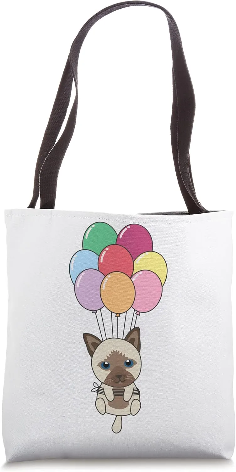 Cat Flies Upwards With Colorful Balloons Kawaii Cats Tote Bag