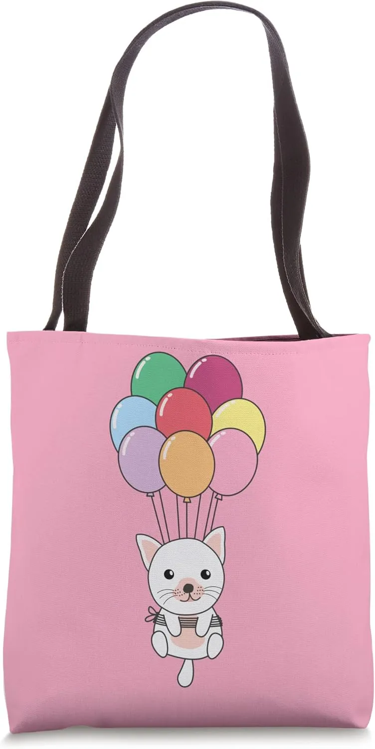 Cat Flies Upwards With Colorful Balloons Kawaii Cats Tote Bag