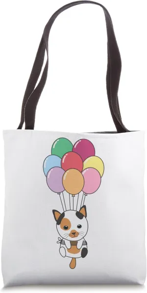 Cat Flies Upwards With Colorful Balloons Kawaii Cats Tote Bag