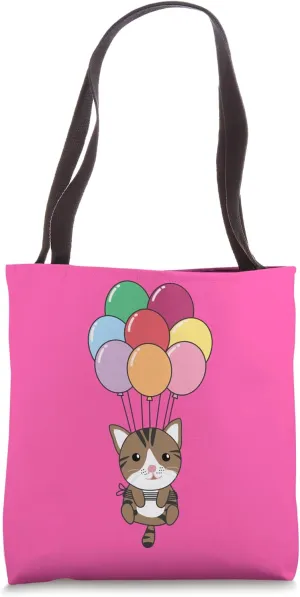 Cat Flies Upwards With Colorful Balloons Kawaii Cats Tote Bag