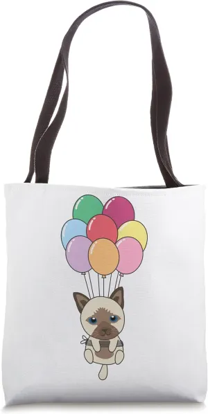 Cat Flies Upwards With Colorful Balloons Kawaii Cats Tote Bag
