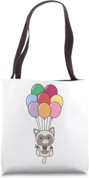 Cat Flies Upwards With Colorful Balloons Kawaii Cats Tote Bag
