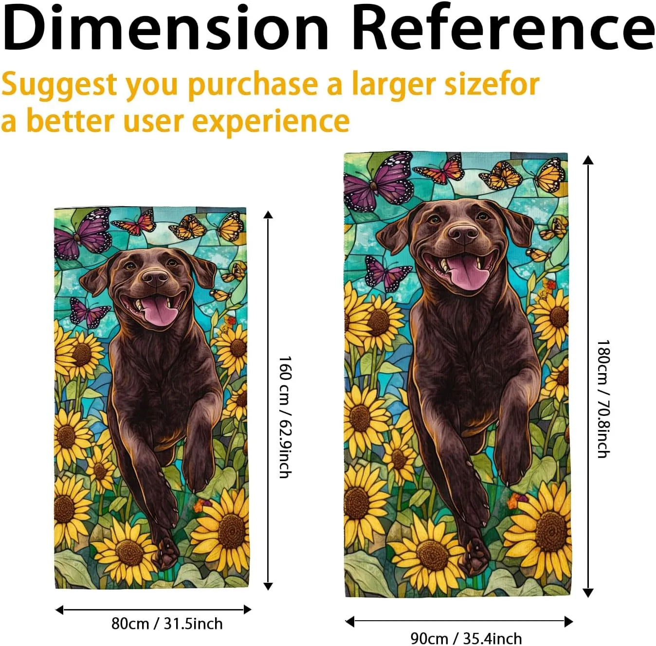 Charming Microfiber Beach Towel Chocolate Lab Sunflowers Butterflies, Quick Dry Absorbent Soft Sand Free Lightweight Towel, Perfect for Vacation Pool Camping Travel Picnic Essentials 70x35 Inch