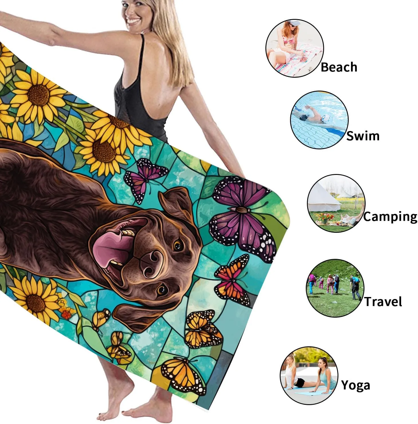 Charming Microfiber Beach Towel Chocolate Lab Sunflowers Butterflies, Quick Dry Absorbent Soft Sand Free Lightweight Towel, Perfect for Vacation Pool Camping Travel Picnic Essentials 70x35 Inch