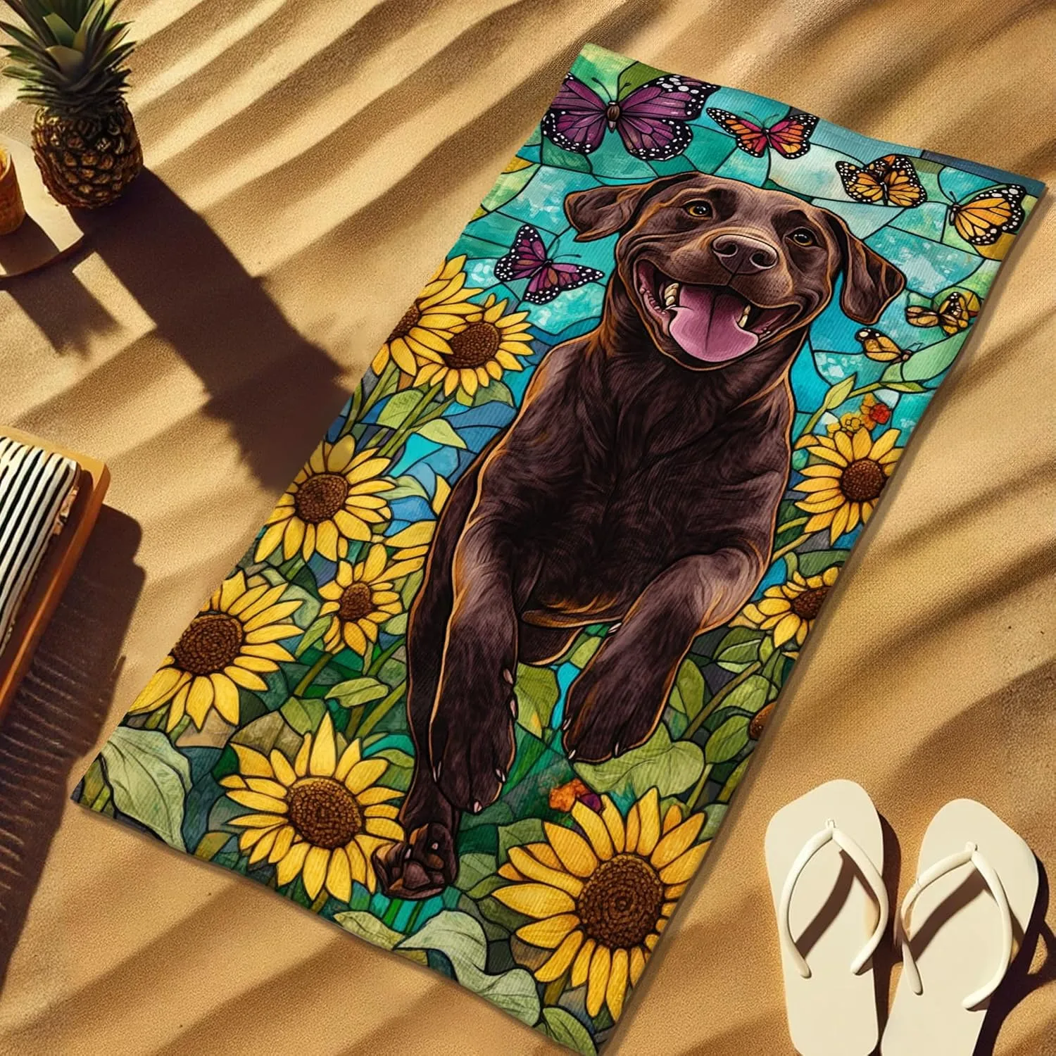 Charming Microfiber Beach Towel Chocolate Lab Sunflowers Butterflies, Quick Dry Absorbent Soft Sand Free Lightweight Towel, Perfect for Vacation Pool Camping Travel Picnic Essentials 70x35 Inch