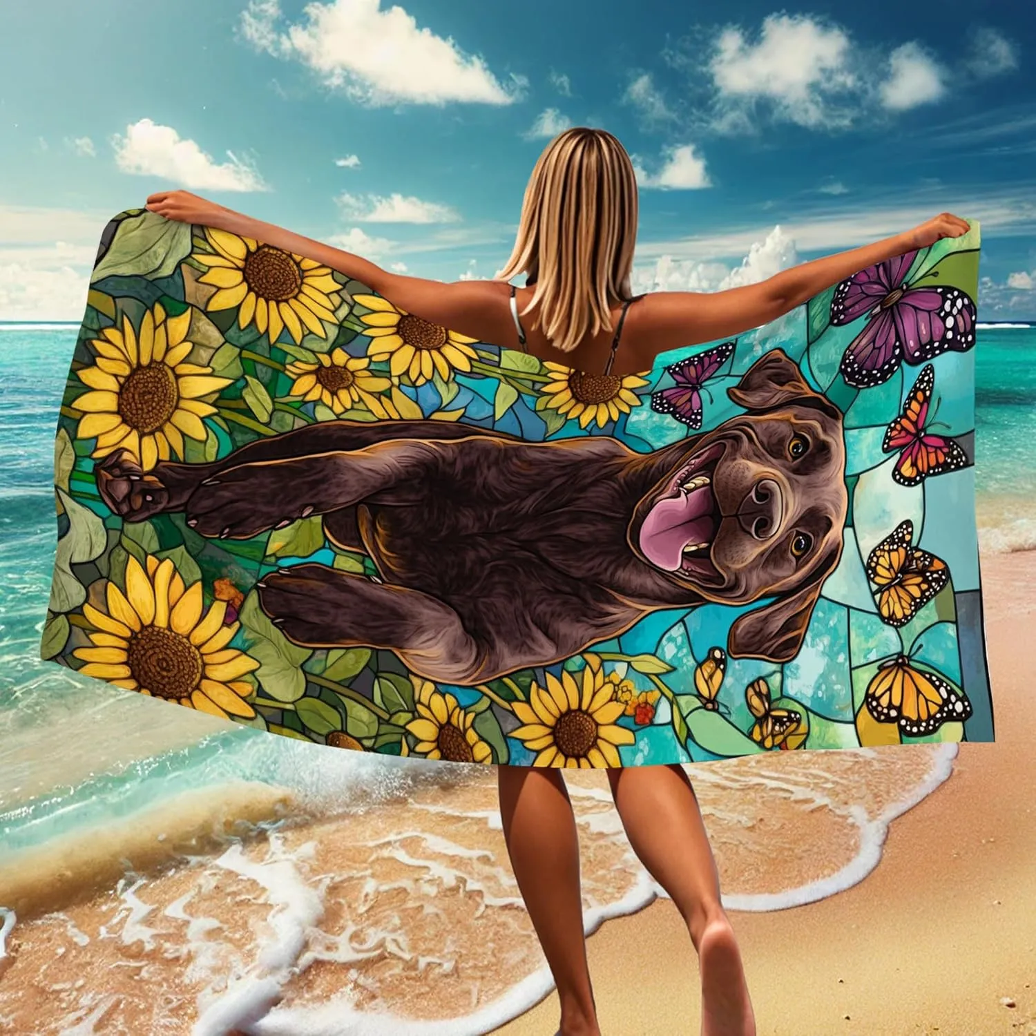 Charming Microfiber Beach Towel Chocolate Lab Sunflowers Butterflies, Quick Dry Absorbent Soft Sand Free Lightweight Towel, Perfect for Vacation Pool Camping Travel Picnic Essentials 70x35 Inch