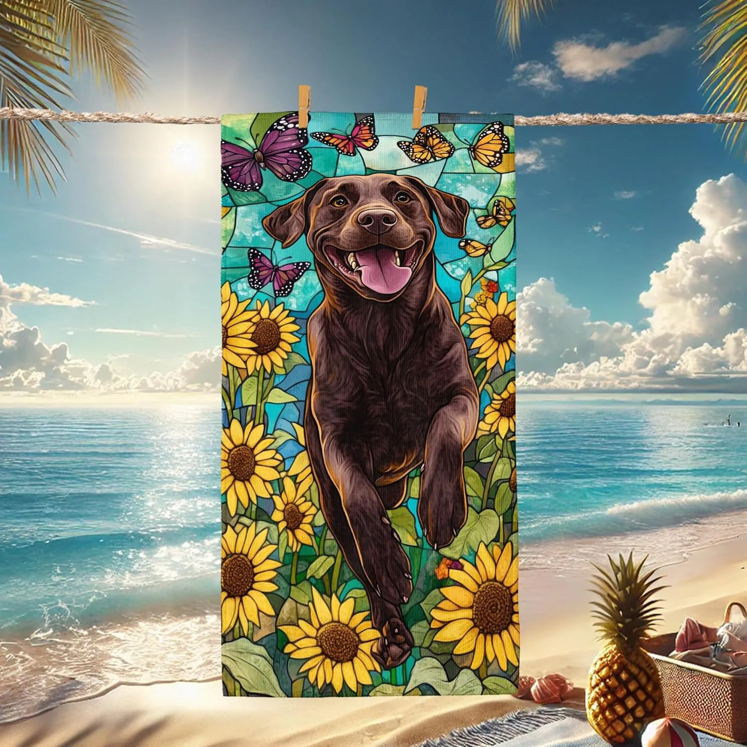 Charming Microfiber Beach Towel Chocolate Lab Sunflowers Butterflies, Quick Dry Absorbent Soft Sand Free Lightweight Towel, Perfect for Vacation Pool Camping Travel Picnic Essentials 70x35 Inch