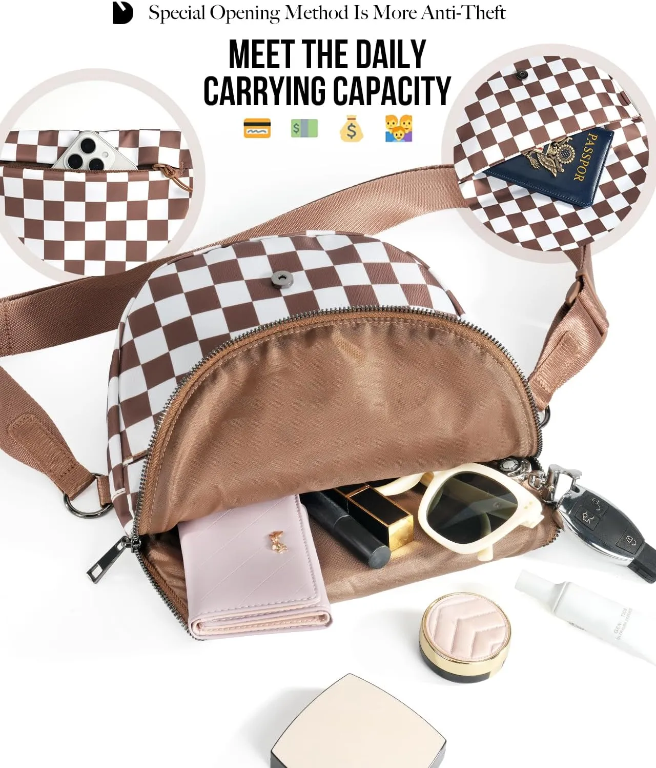 Checkered Crossbody Messenger Bag, Black and White Pattern, Adjustable Shoulder Strap