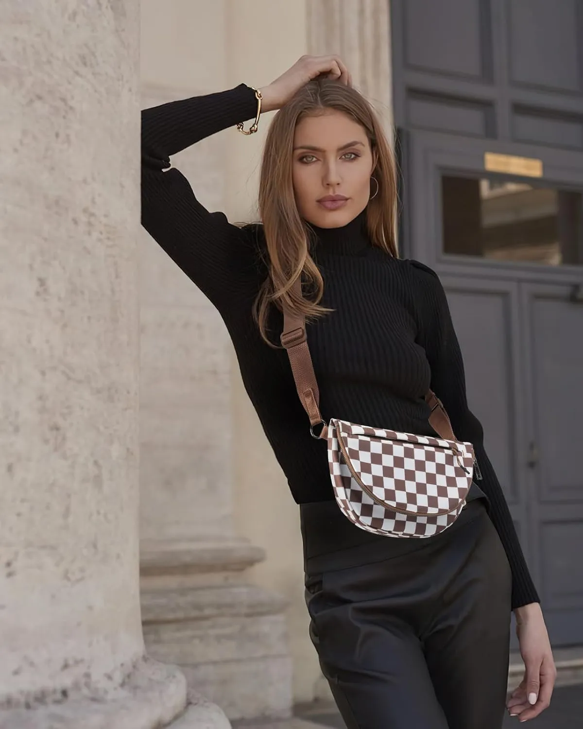Checkered Crossbody Messenger Bag, Black and White Pattern, Adjustable Shoulder Strap