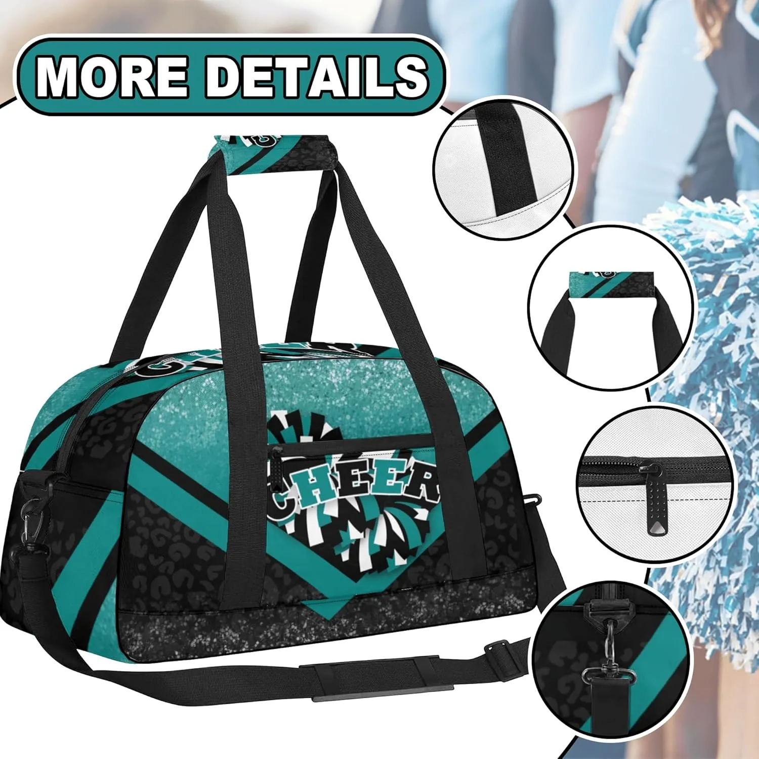 Cheer Duffle Bag for Cheerleaders, Cheerleading Gym Bag for Women, Carry on Weekender Bags, Travel Bag Duffel Bag (Teal&Black)