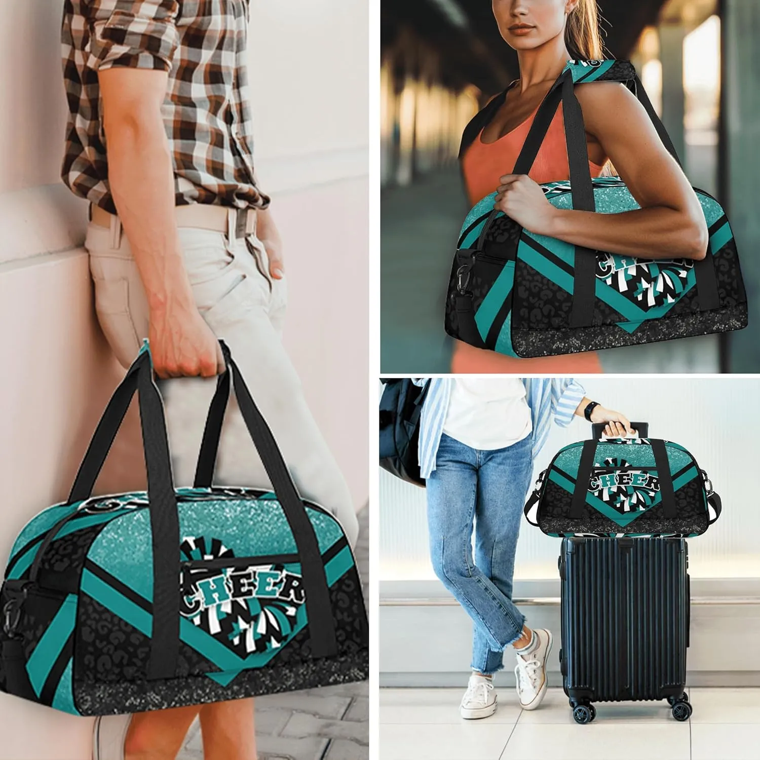 Cheer Duffle Bag for Cheerleaders, Cheerleading Gym Bag for Women, Carry on Weekender Bags, Travel Bag Duffel Bag (Teal&Black)