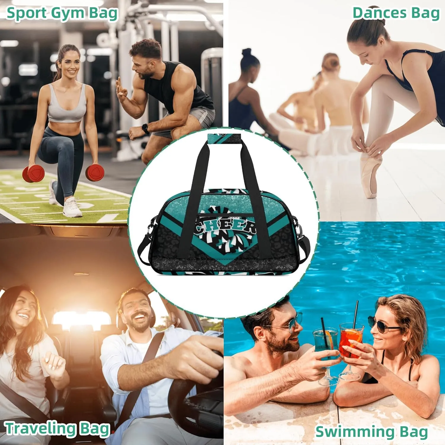 Cheer Duffle Bag for Cheerleaders, Cheerleading Gym Bag for Women, Carry on Weekender Bags, Travel Bag Duffel Bag (Teal&Black)