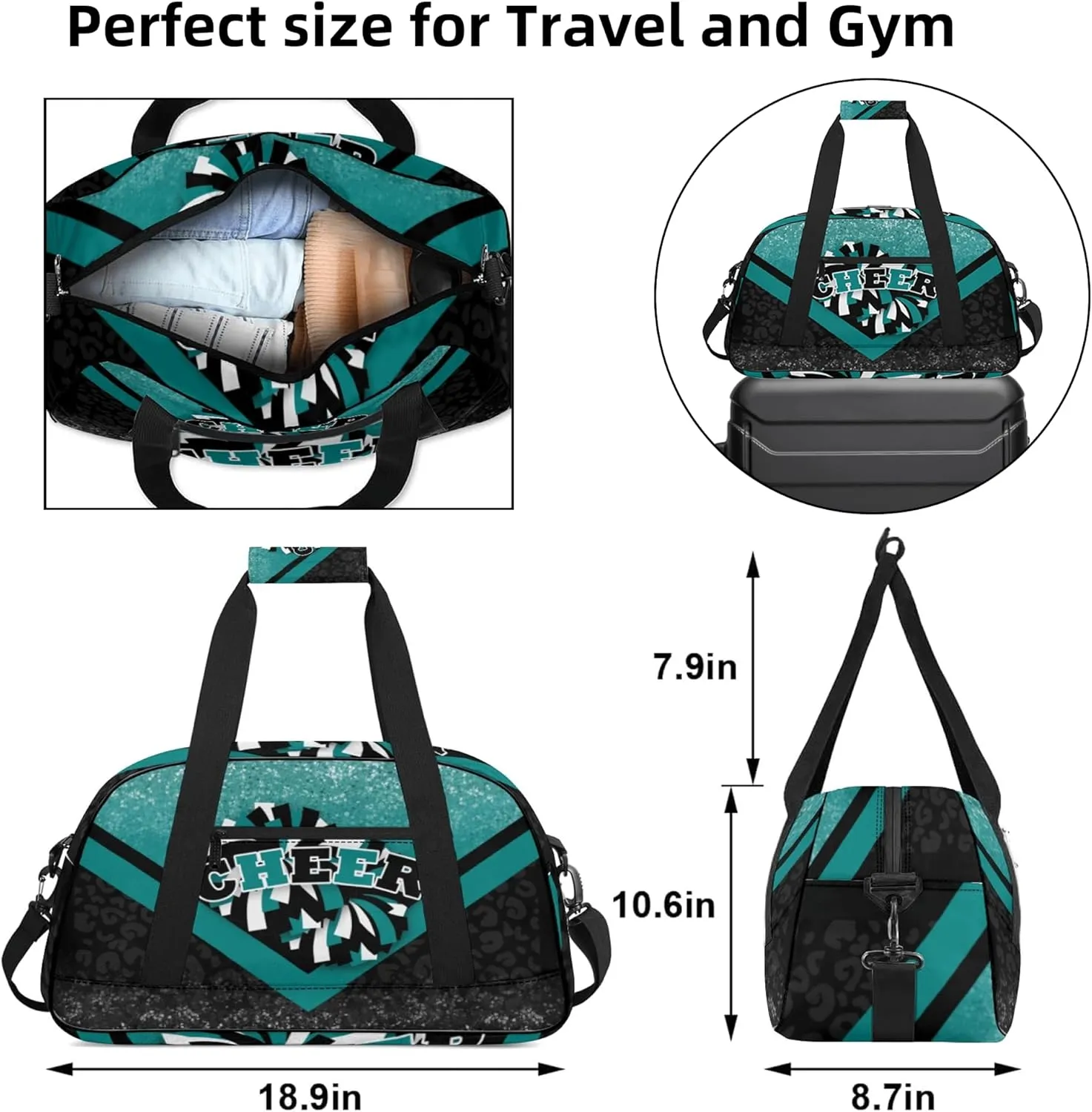Cheer Duffle Bag for Cheerleaders, Cheerleading Gym Bag for Women, Carry on Weekender Bags, Travel Bag Duffel Bag (Teal&Black)