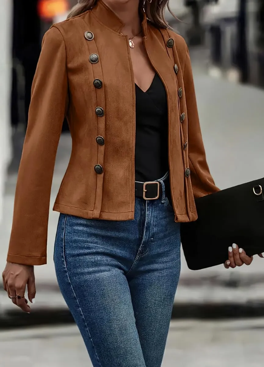 chouyatou Women's Faux Suede Leather Jacket 2024 Fall Winter Clothes Casual Business Long Sleeve Blazer Jacket Coat